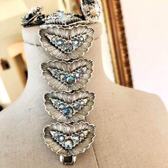 Vintage Deco blue AB rhinestone bracelet Demi set - Picture 6 of 11